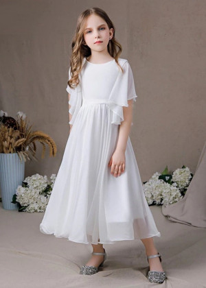 Beaded Flutter Sleeves White Chiffon Flower Girl Dress